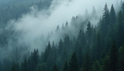 Misty pine forest covers a mountainous area creating a serene, peaceful atmosphere. Dense evergreen trees rise through soft fog under daylight creating a tranquil, natural landscape.