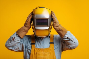 Close-up of male welder lifting visor of yellow mask in workshop with bright yellow background, demonstrating welding safety practices and equipment usage