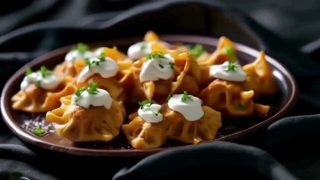 Yellow textured dumplings topped with cream and herbs. Use for Turkish food branding, menus, product photography, or social media posts.