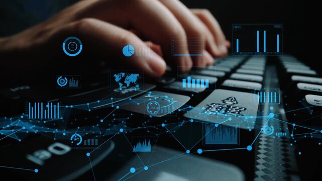 Hands engaged in typing on a modern keyboard, enhanced by dynamic digital elements that symbolize data analysis, technology, and global connectivity in a professional environment. Xenic