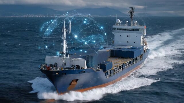 Real-time tracking of a cargo ship at sea using satellite communication and digital globe overlay for precise location and port arrival estimates.