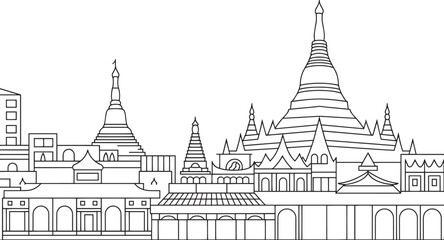 Fototapeta premium Myanmar Skyline Outline Vector Illustration with Cityscape and Landmark Buildings Silhouette Design
