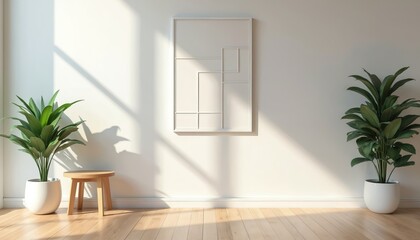 Fototapeta premium Minimalist white interior space with natural light streaming through windows creating geometric shadows on wall. Features two potted green plants, wooden stool next to geometric abstract framed art