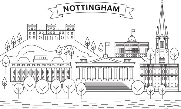 Nottingham Skyline Outline Vector Illustration with Castle, Buildings, and Trees Landscape