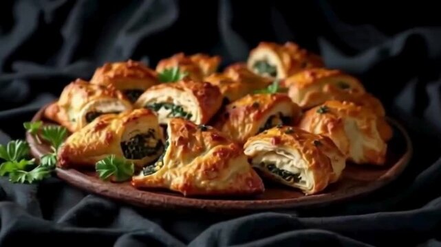 Golden, flaky b&ouml;rek displays on wooden plate. Perfect for Turkish food product photography, food blog, or social media background.