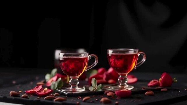 Dark red drinks in glass cups on a black surface. Product staging, branding, social media.