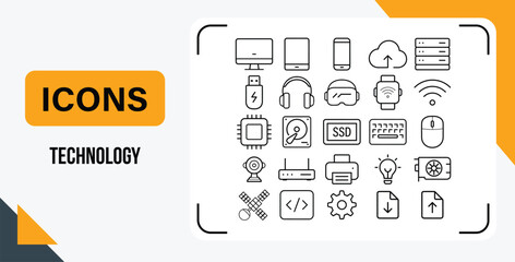 Outline tech icon set of modern technology, gadgets, digital devices, and computing hardware systems