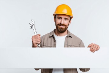 Male plumber in safety helmet holding a wrench poses cheerfully with a blank banner for advertising or messages, set against a clean white background in a studio environment