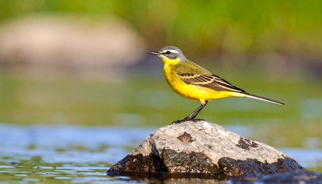 Yellow bird on a rock by water