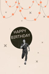 Vertical poster artwork collage of happy girl guy enjoy birthday celebration holiday garland decor festive occasion chill