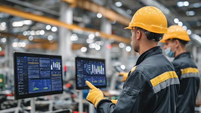 Factory floor equipped with 185 smart devices showcasing workflow optimization dashboards, with workers in safety gear interacting via touchscreens.
