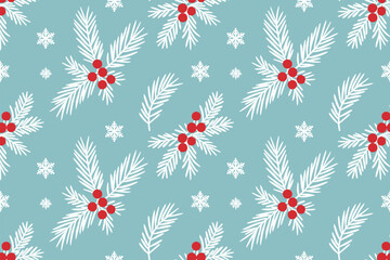 Seamless pattern with white pine branches, red berries, and snowflakes on a blue background