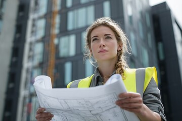 Female architect in safety vest evaluates construction plans with partially completed office building in background during daytime