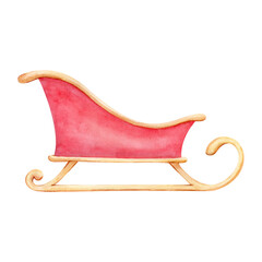 Watercolor illustration of classic red and gold sleigh with elegant curves on white background. Hand drawn clip art for Christmas cards, New Year decor, design of invitations, banners, gift wrapping