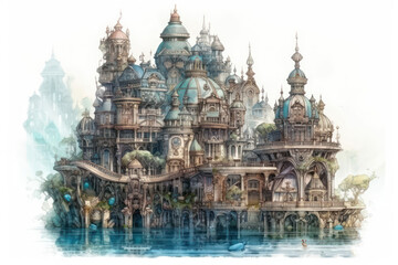 Obraz premium A fantastic architectural illustration depicting a majestic fairy-tale city on the water. 