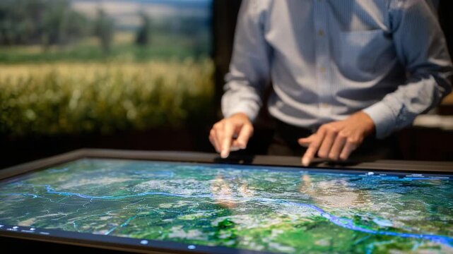 Explore yield variability with an interactive touchscreen map, allowing farmers to select zones with gestures, set against a backdrop of crops.