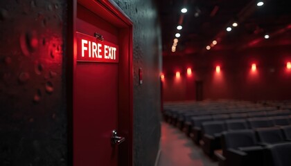 Red fire exit sign glows brightly above a closed red door in a dimly lit cinema. Rows of empty seats are visible in the background with warm red accent lighting creating a safe path.
