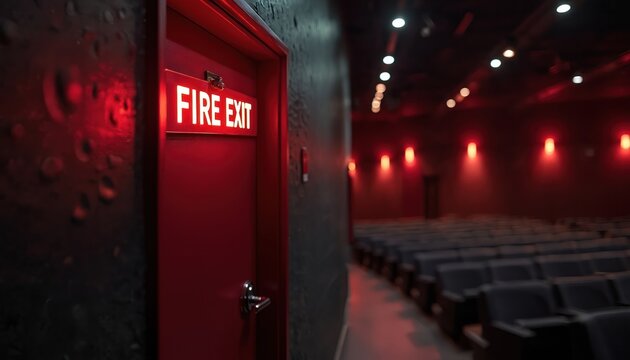 Red fire exit sign glows brightly above a closed red door in a dimly lit cinema. Rows of empty seats are visible in the background with warm red accent lighting creating a safe path.