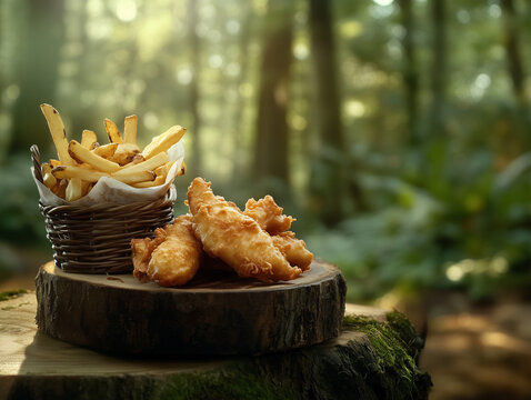 Fish and chips picnic enjoying sunlight in lush forest