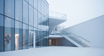 Modern architecture features a glass facade and exterior staircase.