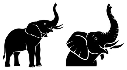 Vector art of two black elephant silhouettes with raised trunks, isolated on white background