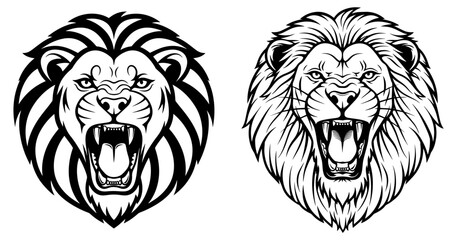 Vector art of two detailed black and white lion heads roaring aggressively, isolated on white background
