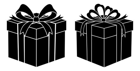 Vector art of two black gift boxes with ribbon bows isolated on white background
