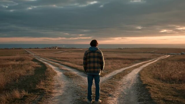 A person, back to camera, faces a fork in a dirt road. Two paths lead across a grassy plain toward a distant horizon and ocean under a cloudy sunset