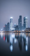 Fototapeta premium Modern Cityscape Reflects in Calm Water at Dusk