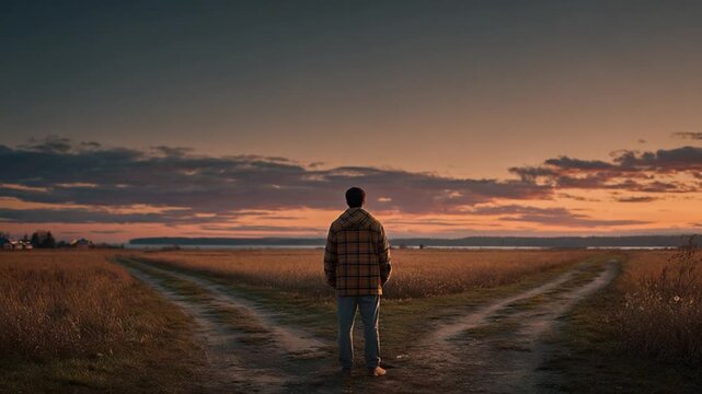 A lone figure stands at a fork in a dirt road, facing a vibrant sunset over a vast field