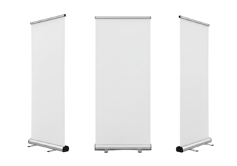 Set of three blank white roll up banner stand mockups from different angles. Isolated on transparent background, png
