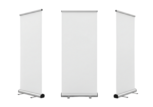 Set of three blank white roll up banner stand mockups from different angles. Isolated on transparent background, png