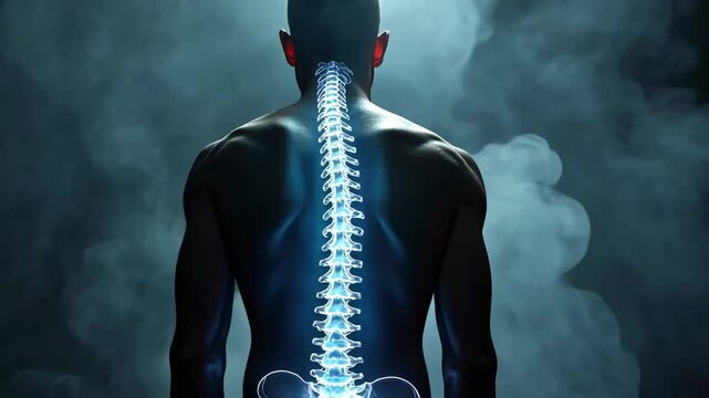 Spine, spinal health, back pain. Bone structure. Vertebrae align for improved posture. Disc hydration enhances motion range. Spinal cord nerves transmit body signals.