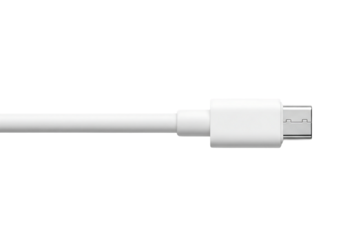 White USB type C cable connector closeup for charging and data transfer. Isolated on transparent background, png