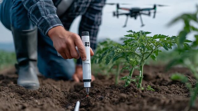 A farmer fine-tunes a soil sensor near young tomato plants as a drone captures multispectral data overhead.