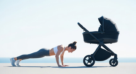 Fit mother doing push- near a modern stroller outdoors.