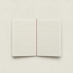 A top-down flat lay view of an open, blank lined notebook with a ribbon bookmark on a clean cream background.