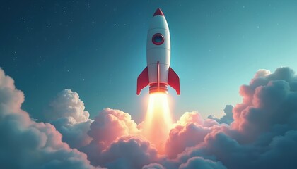 Obraz premium 3D rocket model launching into space with red and white colors. Pointed nose and fins upwards. Trajectory to top right corner. Blue sky with fluffy white clouds background. Space exploration.