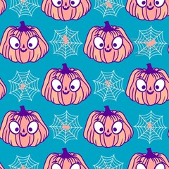 Autumn harvest vegetable seamless monster Halloween pumpkins pattern for wrapping paper and fabrics