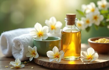 Close-up of spa setting with aromatherapy essential oil bottle, fluffy white towels, and delicate white plumeria flowers. Natural wellness scene includes green bowl and wooden tray.