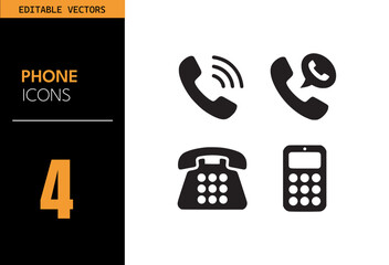 Phone icon set. Includes classic handset, mobile phone, rotary dial, and speech bubble communication symbols. Minimalist black and white vector design