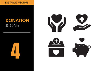 Charity icon set. Featuring hands with hearts, donation box, piggy bank, and medical cross in minimalist black and white. Vector illustration