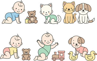 Fototapeta premium Cute baby and animal cartoon characters with toys illustration background for children product and kids room decoration
