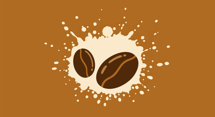 Two coffee beans are surrounded by a splash of milk, creating a graphic design element.