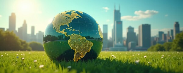 Futuristic globe on green lawn with city skyline background. Features digital world map, representing technology, innovation, progress, and global connection.