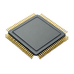 Square microprocessor chip with golden pins isolated on transparent background
