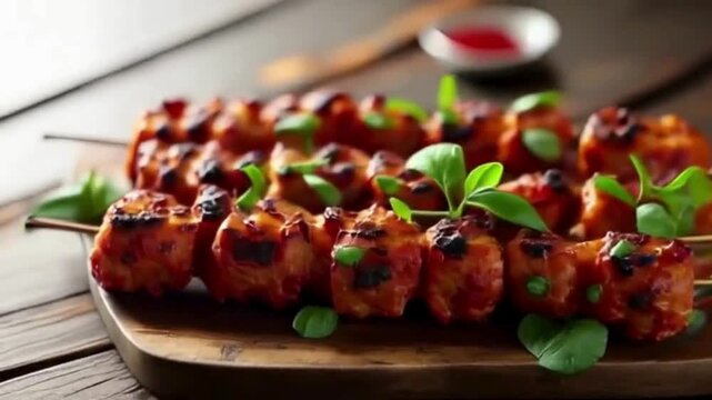 Orange grilled kebabs glistens, set on dark wood. Features Turkish foods for product photography and social media.