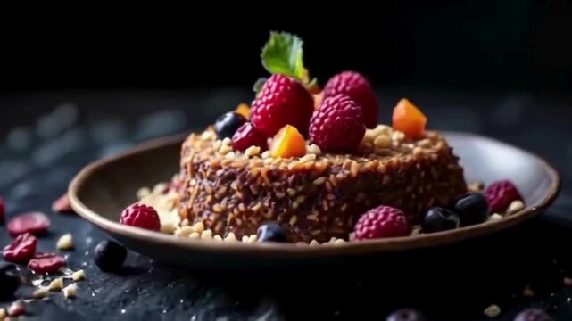 Brown dessert with berries and nuts features soft lighting and cinematic style for food photography, social media, and product staging.