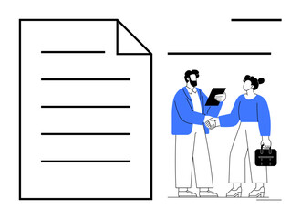 Professionals shaking hands beside a large document, symbolizing successful collaboration, partnership, and agreement. Ideal for contract management, teamwork, negotiation, business development
