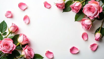 Soft pink roses, petals scattered on clean white background. Delicate floral arrangement features vibrant botanical elements perfect for invitations, banners, cards, romantic themes. Emphasizes